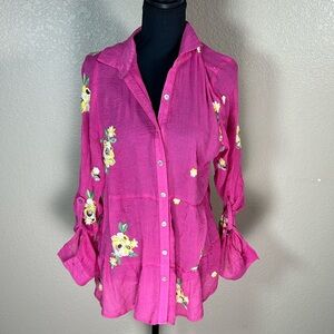 Figueroa Flower Pink Embroidered Floral Boho-Up Blouse Size Large